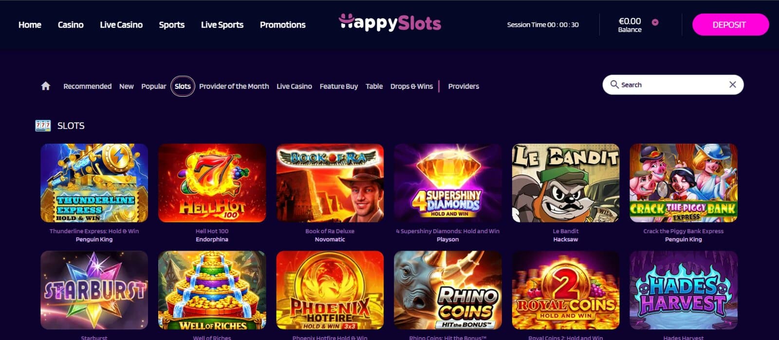 HappySlots Casino games page featuring the slot icons under main sorting lobby features