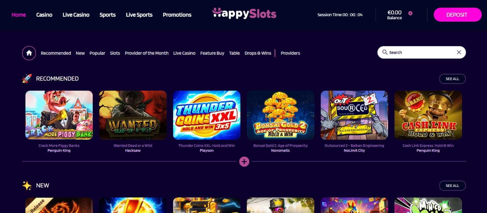 HappySlots Casino landing page featuring the top tab bar, main game categories, recommended and new slot sections with respective game icons