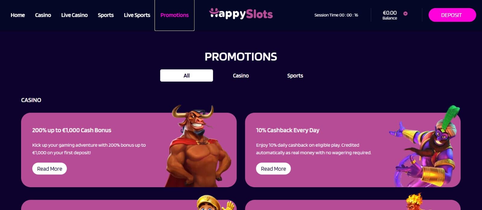 HappySlots Casino promotions page featuring the welcome bonus, daily cashback, and slot network tournaments with pink info cards