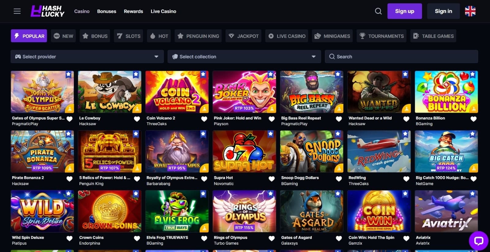 Hashlucky Casino's games pages featuring the most popular slots such as Le Cowboy, Coin Volcano 2, and Gates of Asgard, as well as crash games and table games