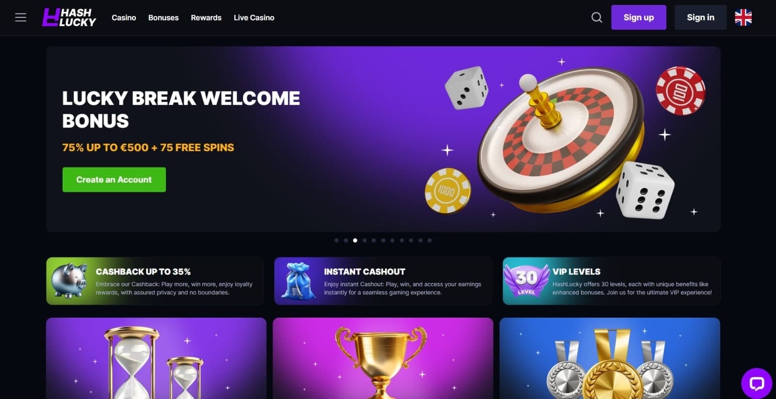 Hashlucky Casino's landing page featuring the Lucky break Welcome bonus of 500 euros and roulette image above promotional tiles
