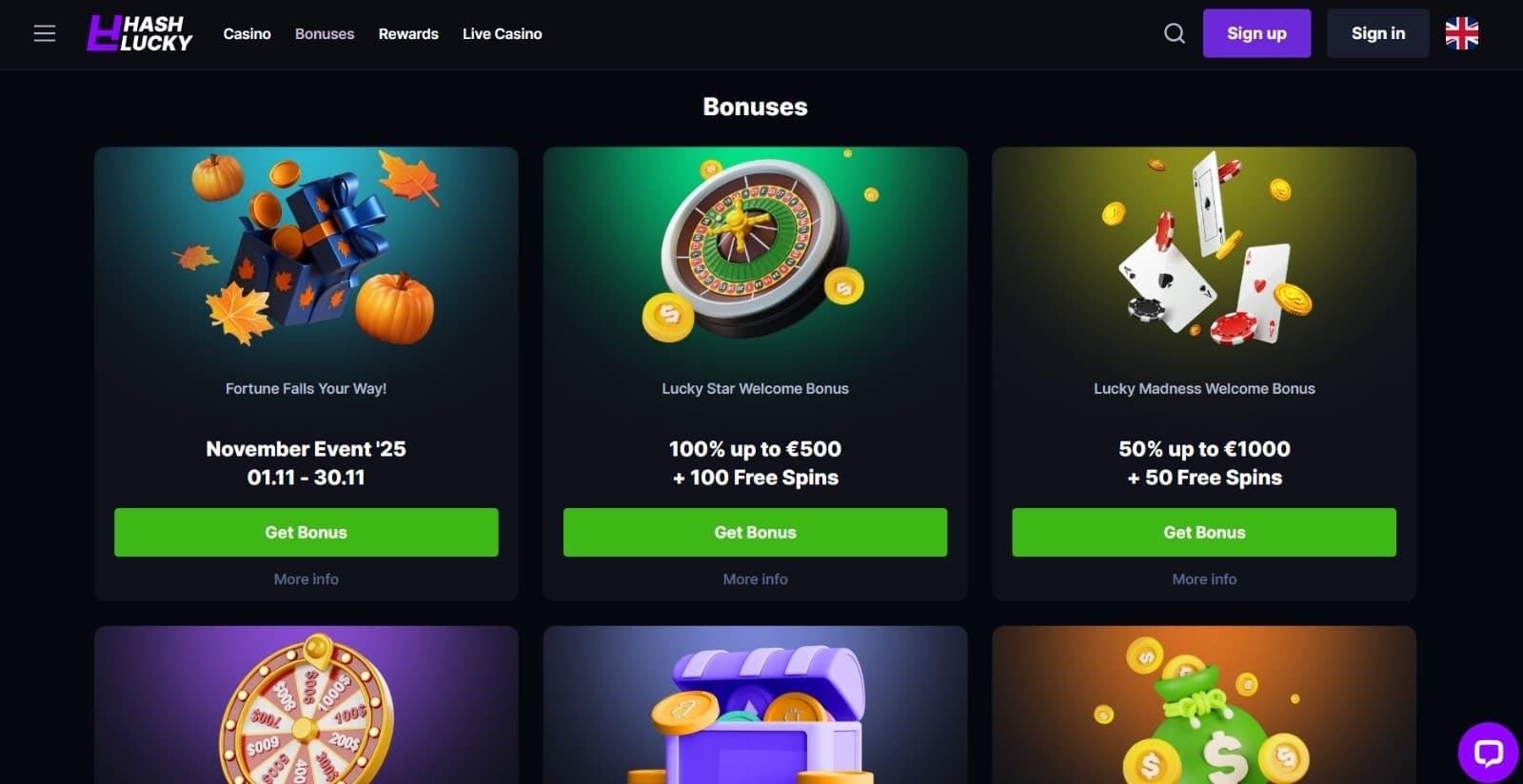 Hashlucky Casino's promotional page featuring the seasonal offer, lucky star and madness welcome bonuses, reload bonuses
