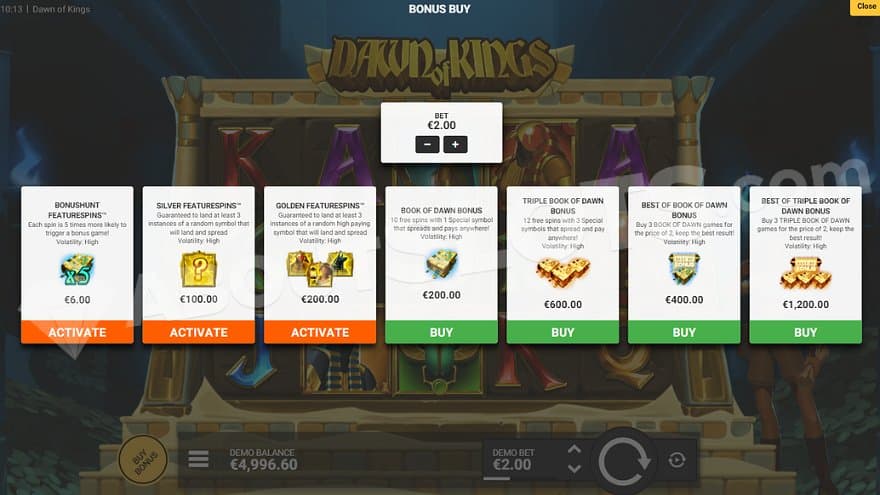 A menu of seven features for sale for 3X to 600X the bet.