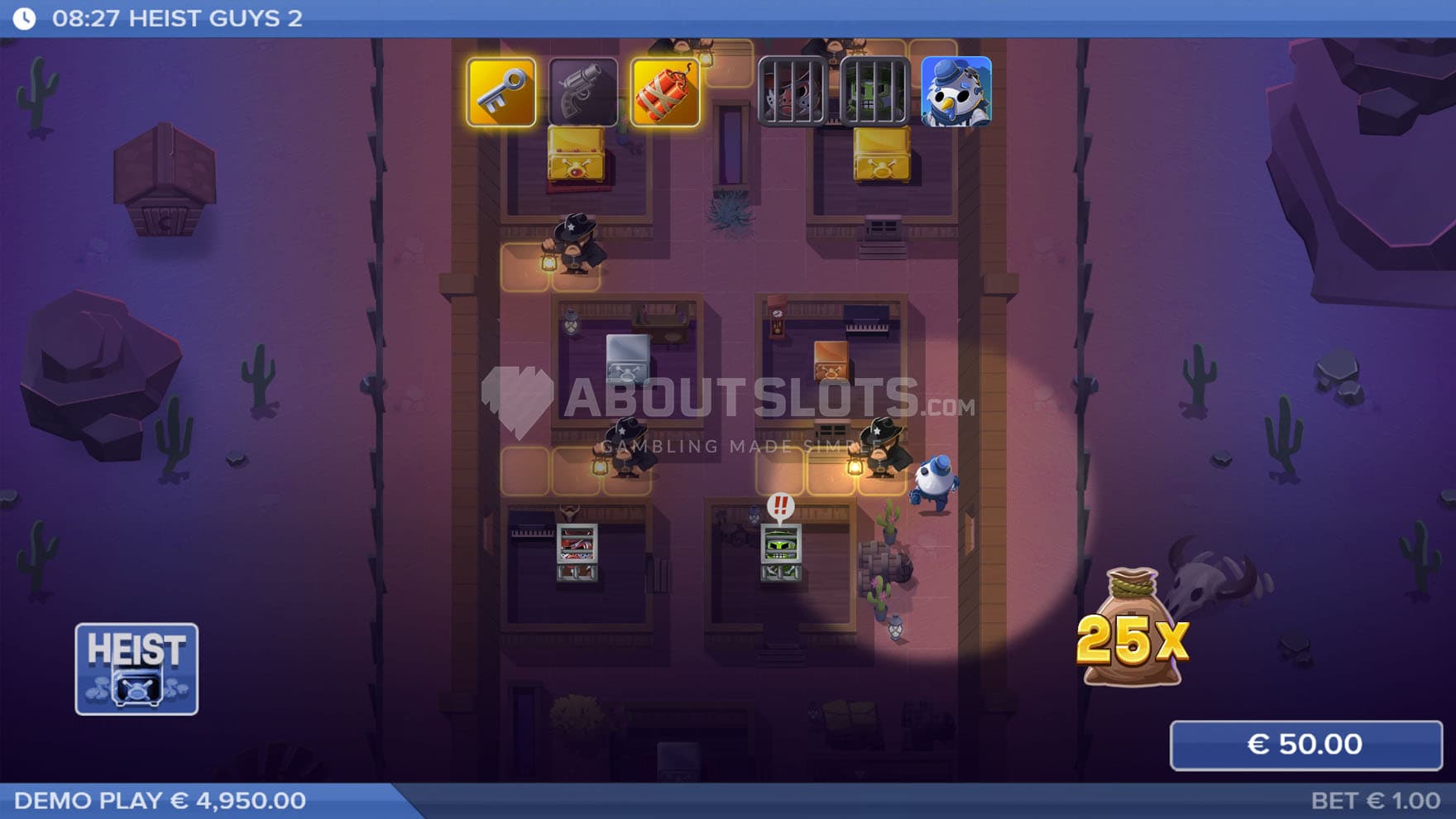 Heist Game in progress, showing a character traversing a maze of corridors.