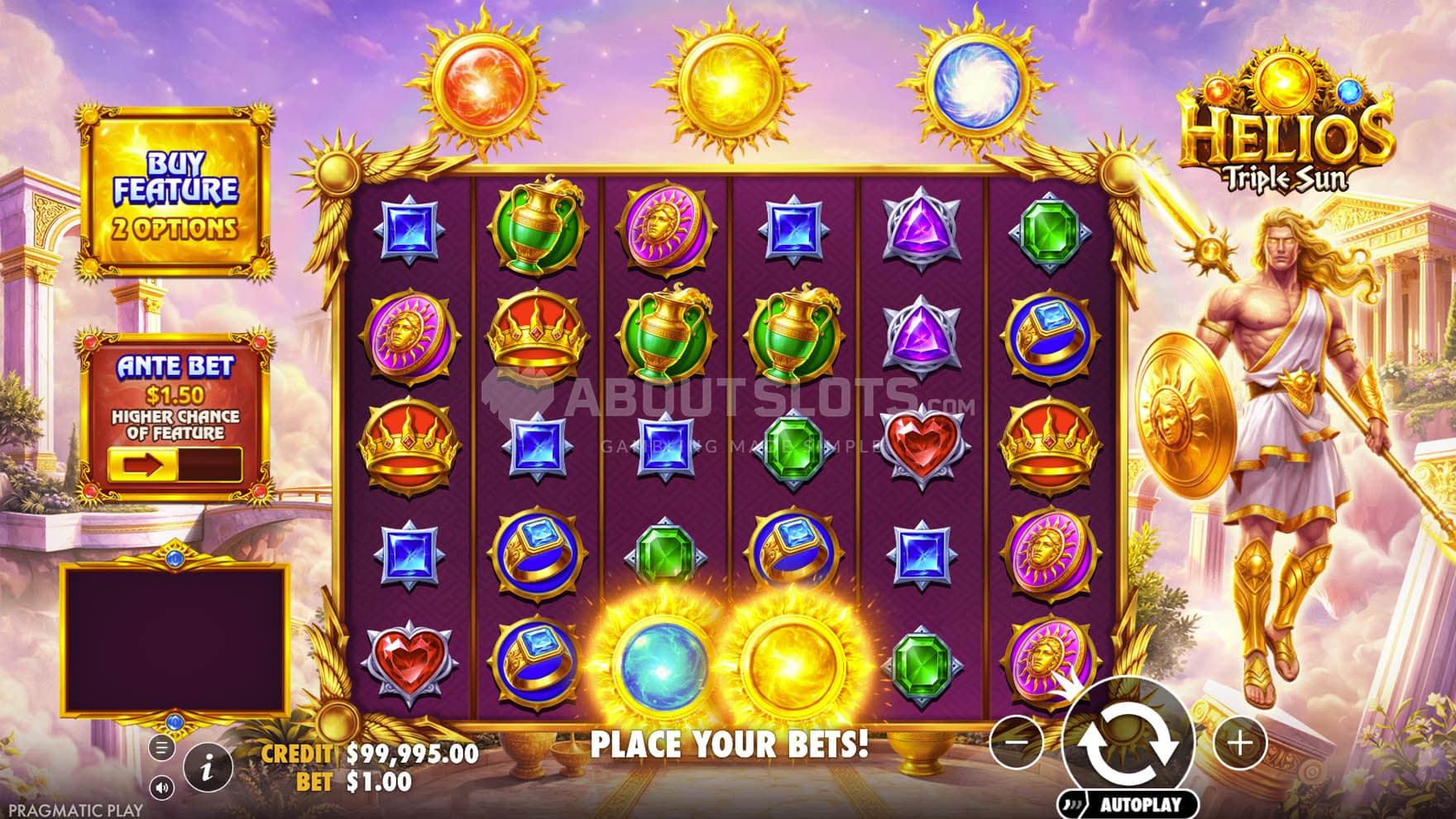 Screenshot of the base game, showing a 6x5 grid on a backdrop of Greek temples hanging in the clouds.