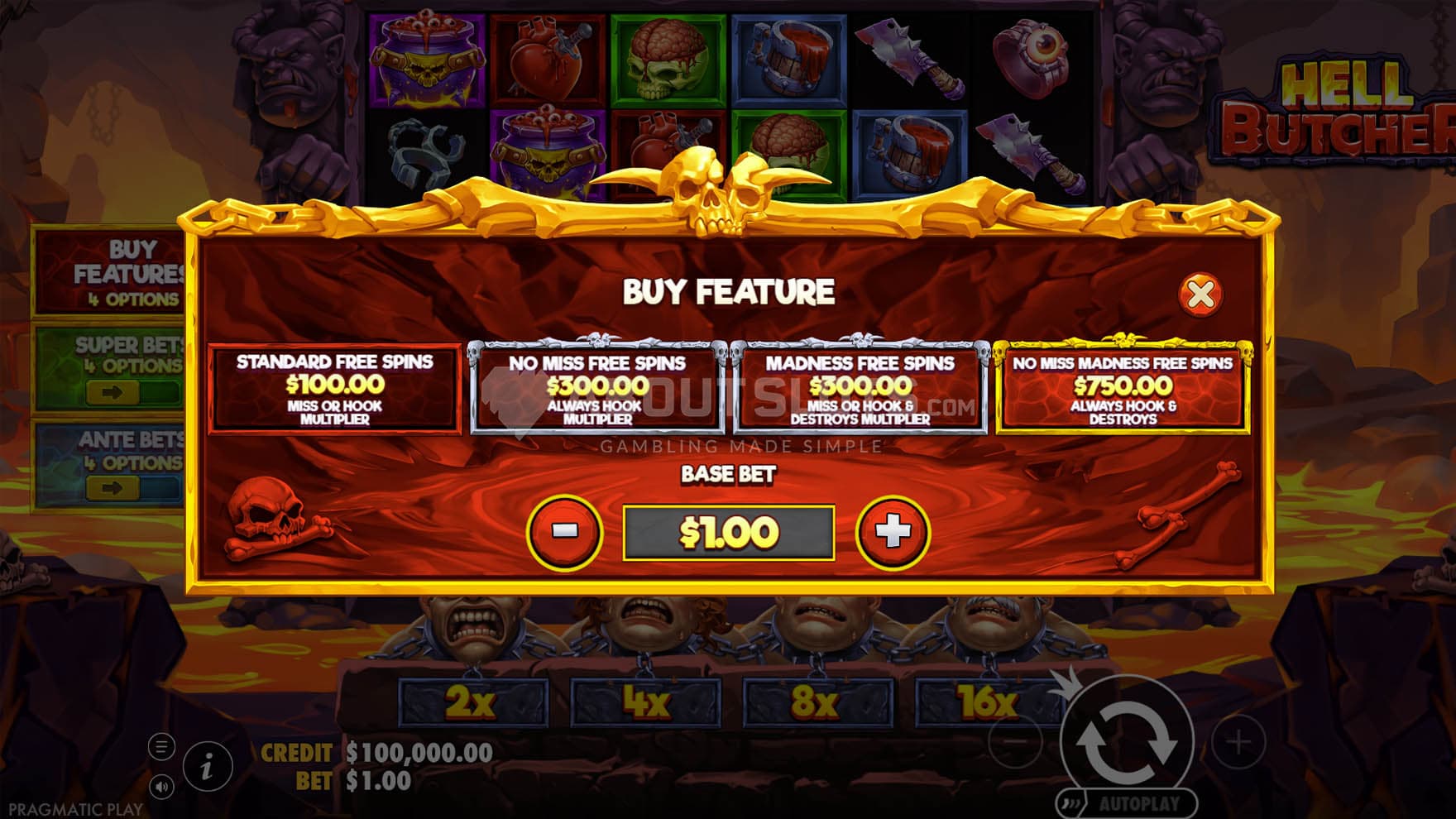 Screenshot of the Bonus Buy menu in the Hell Butcher slot.