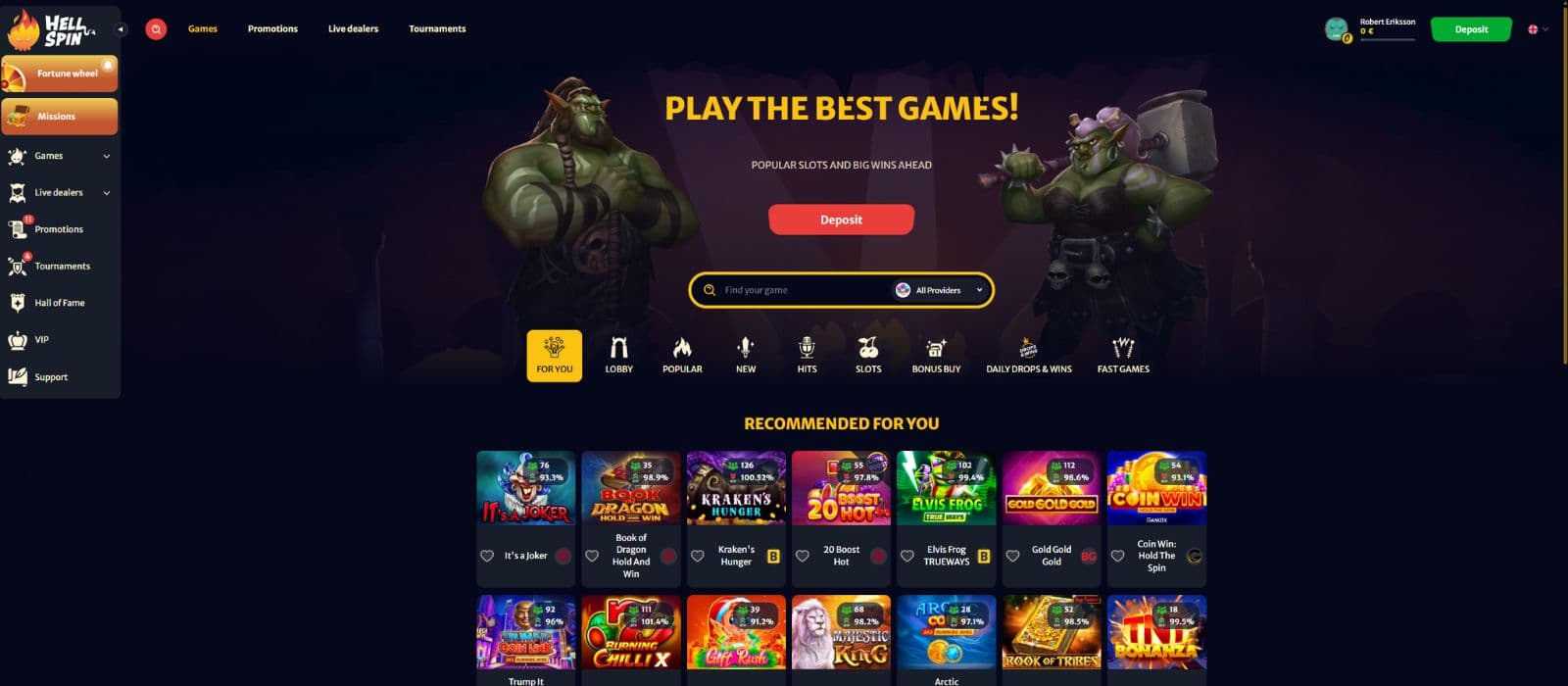 Hellspin Casino games page showing the available games, game categories and the search bar