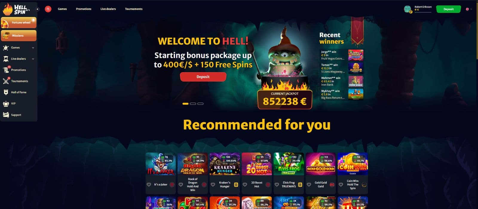Hellspin casino landing page showing the welcome bonus offer, some recommended games and the main menu to the left