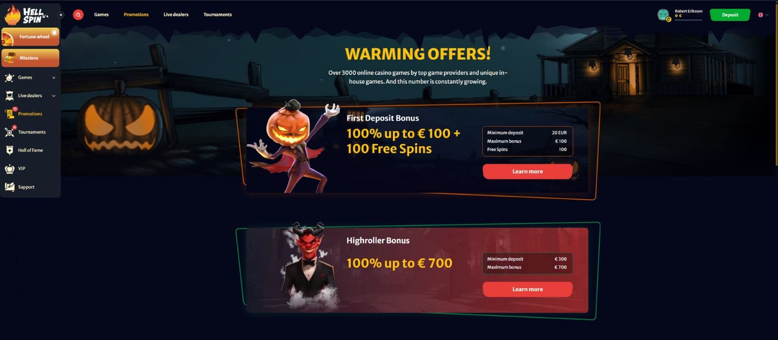 Hellspin Casino promotions page showing the available welcome bonus offers and promotions