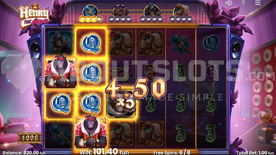 A win of 4.5x on the sixth of 8 free spins.