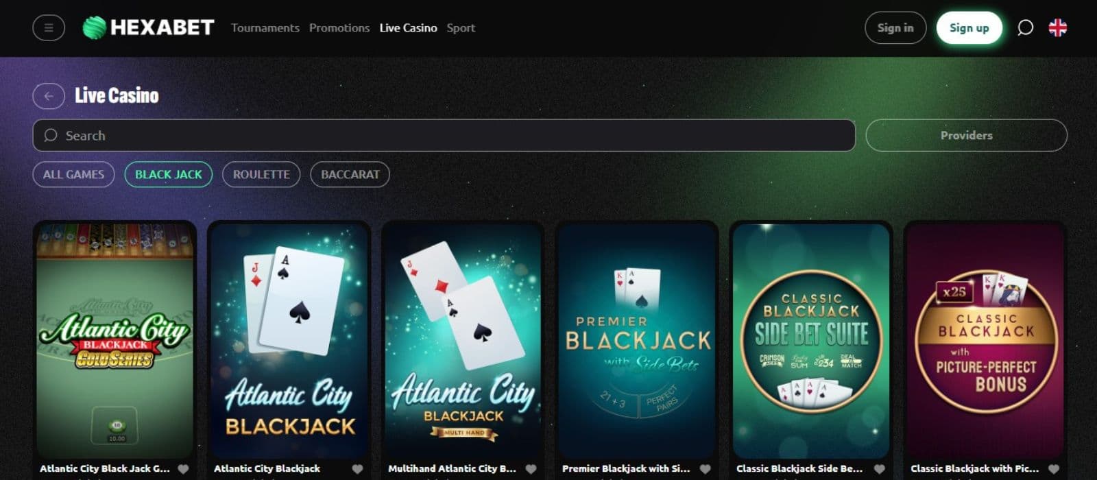 Hexabet Casino's live games section, showing variations of blackjack.