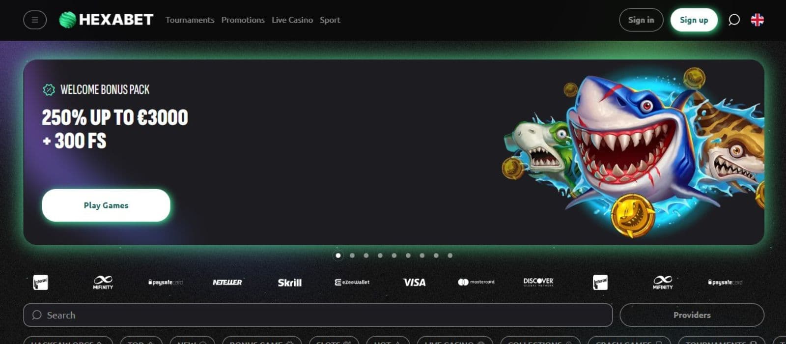 Hexabet Casino's homepage, showing the welcome bonus package and a horizontal bar of banking methods.