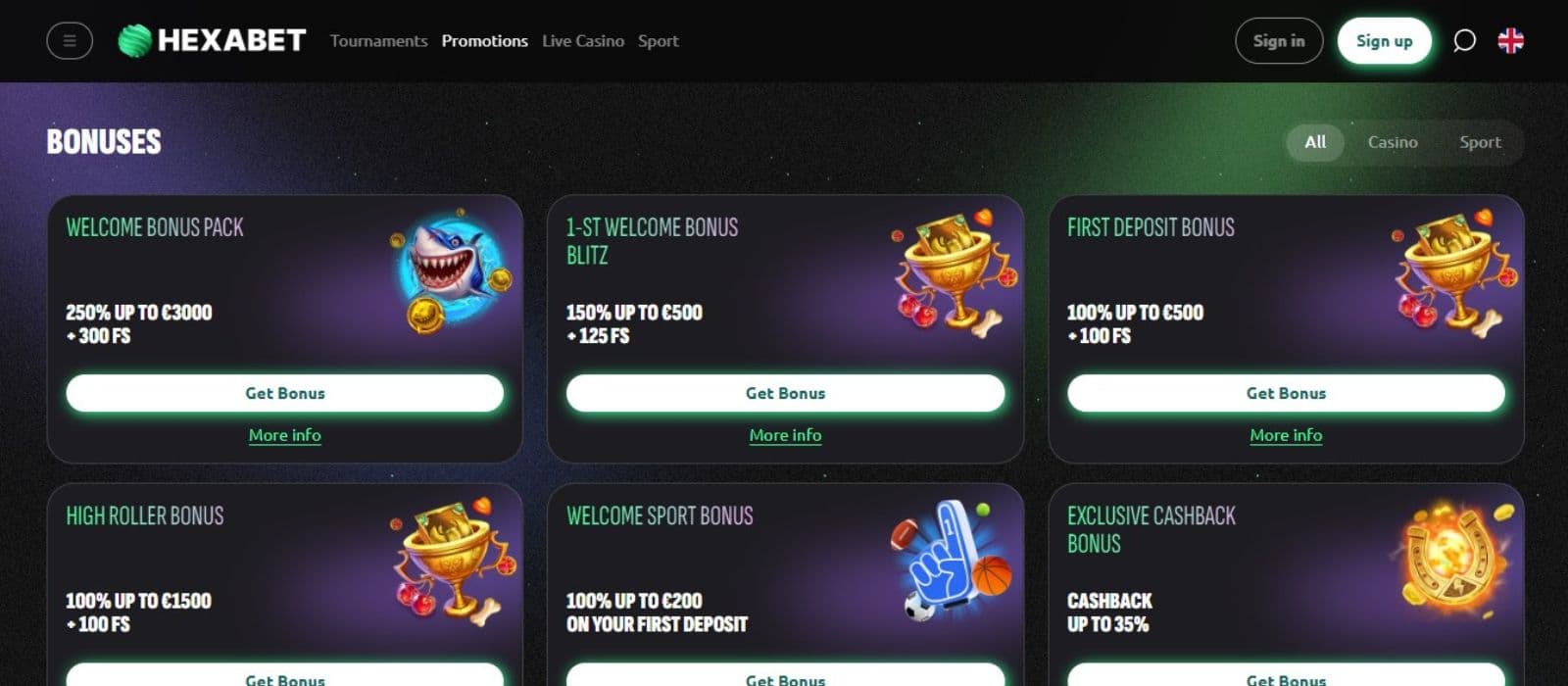 Hexabet Casino's promotion page, showing the welcome package and other exciting offers.