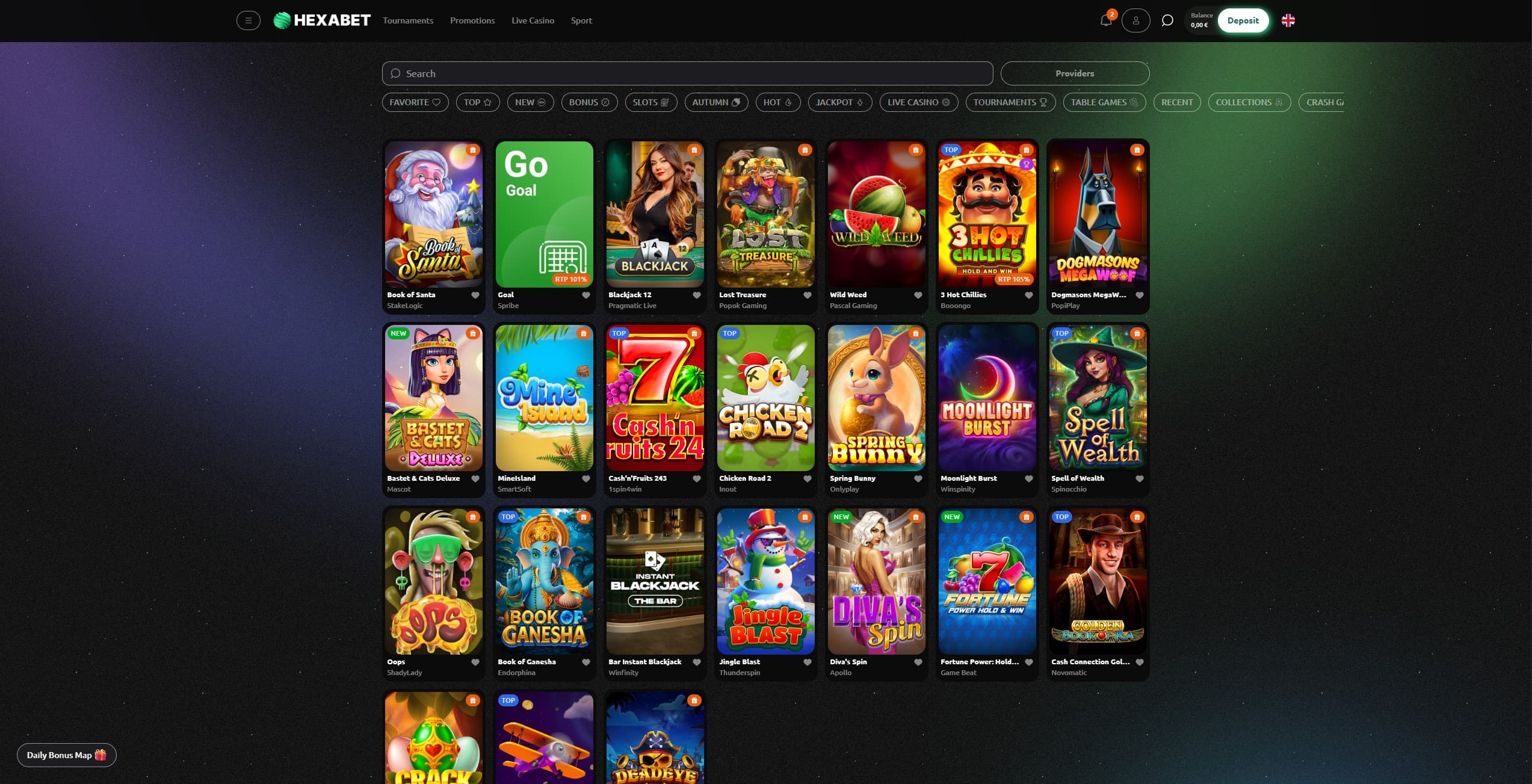 Hexabet Games page showing a selection of games