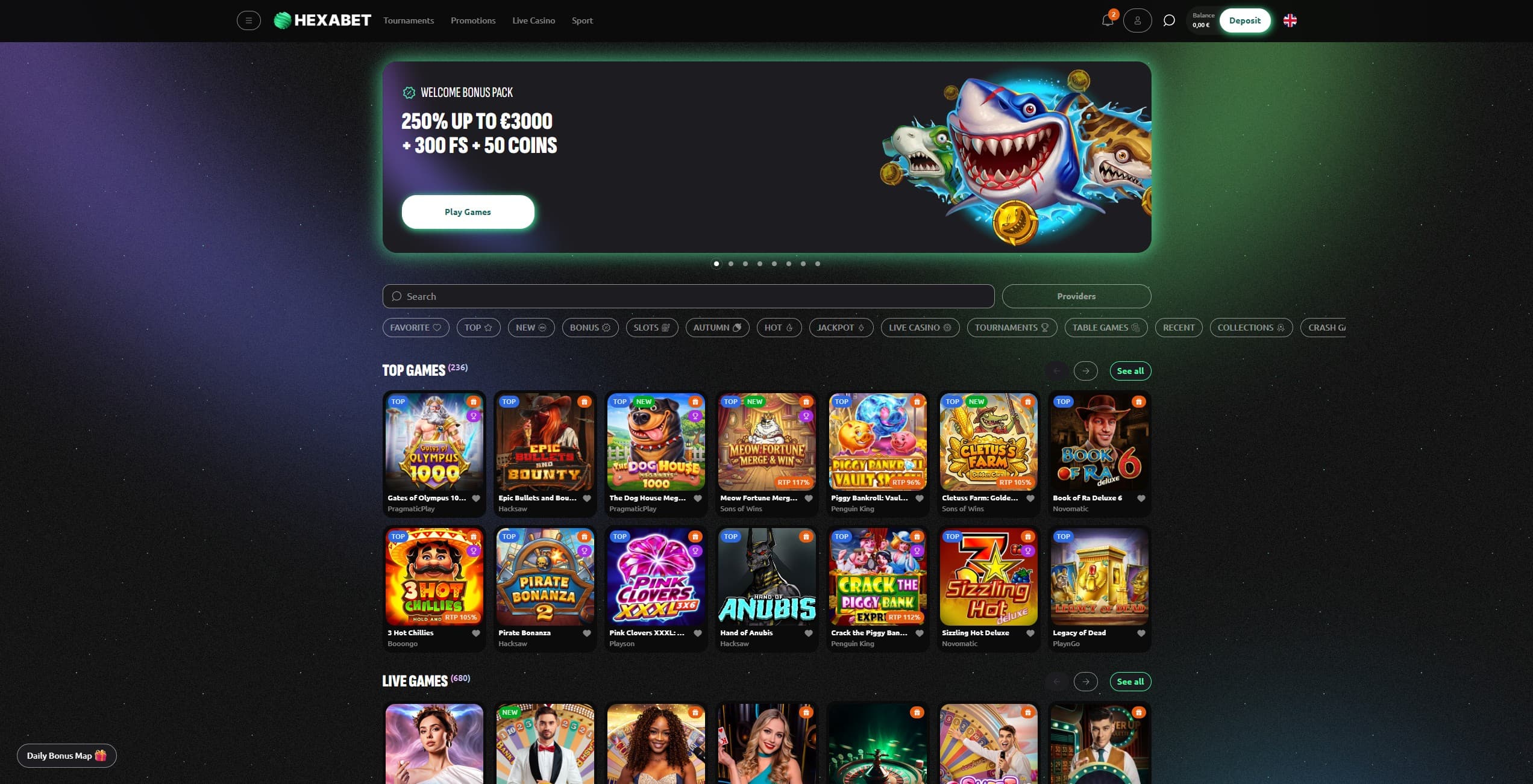 Hexabet Landing Page showing a selection of games and the promo