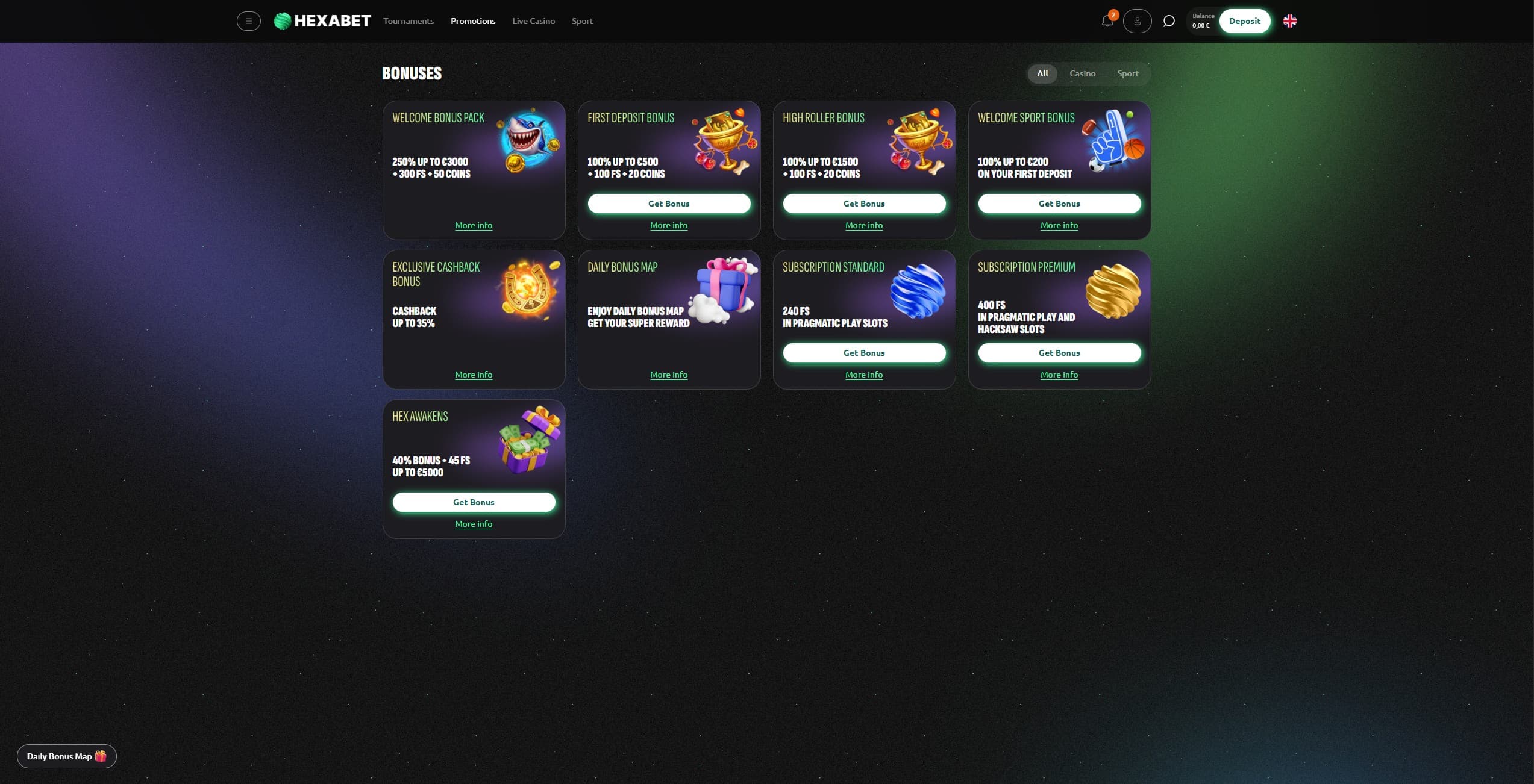 Hexabet Promotions Page showing the available bonuses and promotions