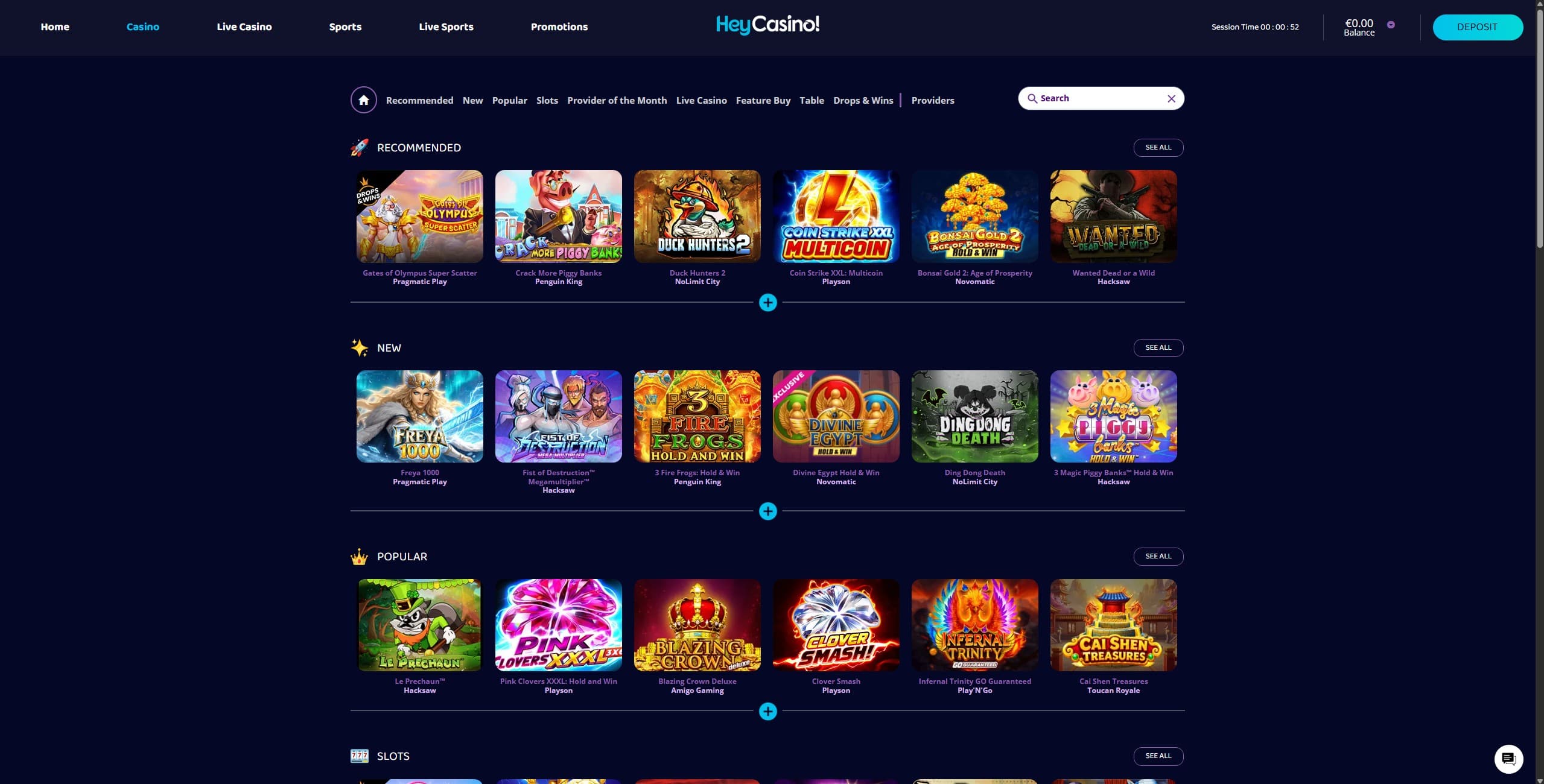 HeyCasino Games Page showing a selection of slots and casino games