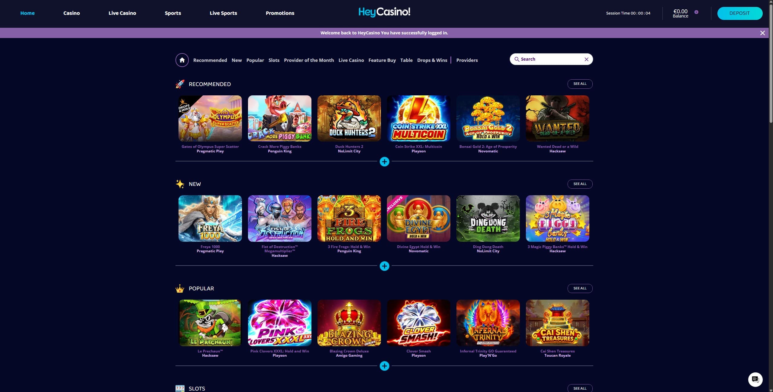 HeyCasino Landing Page showing a selection of games and the main menu