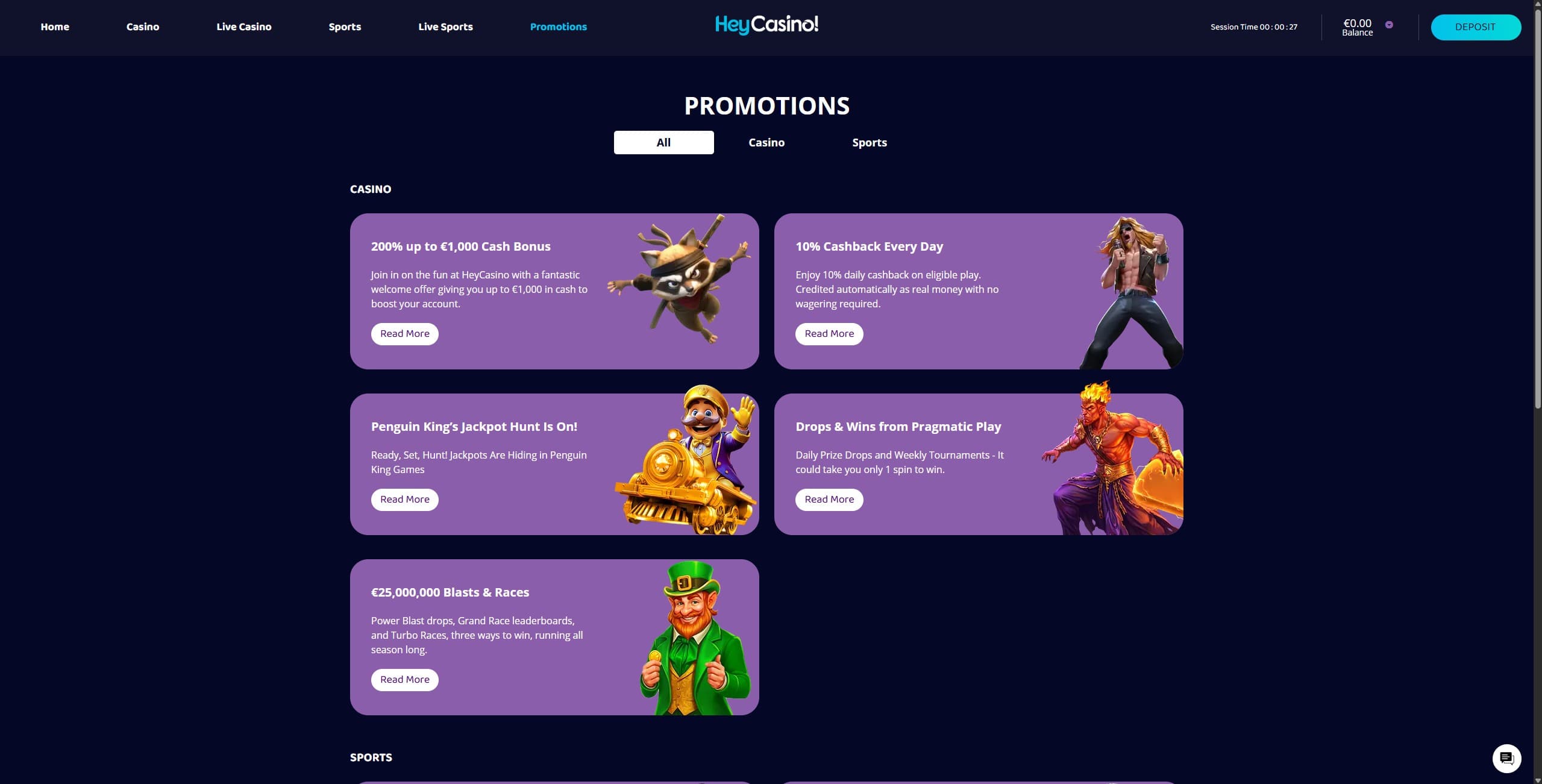 HeyCasino Promotions Page showing the available bonuses and promotions