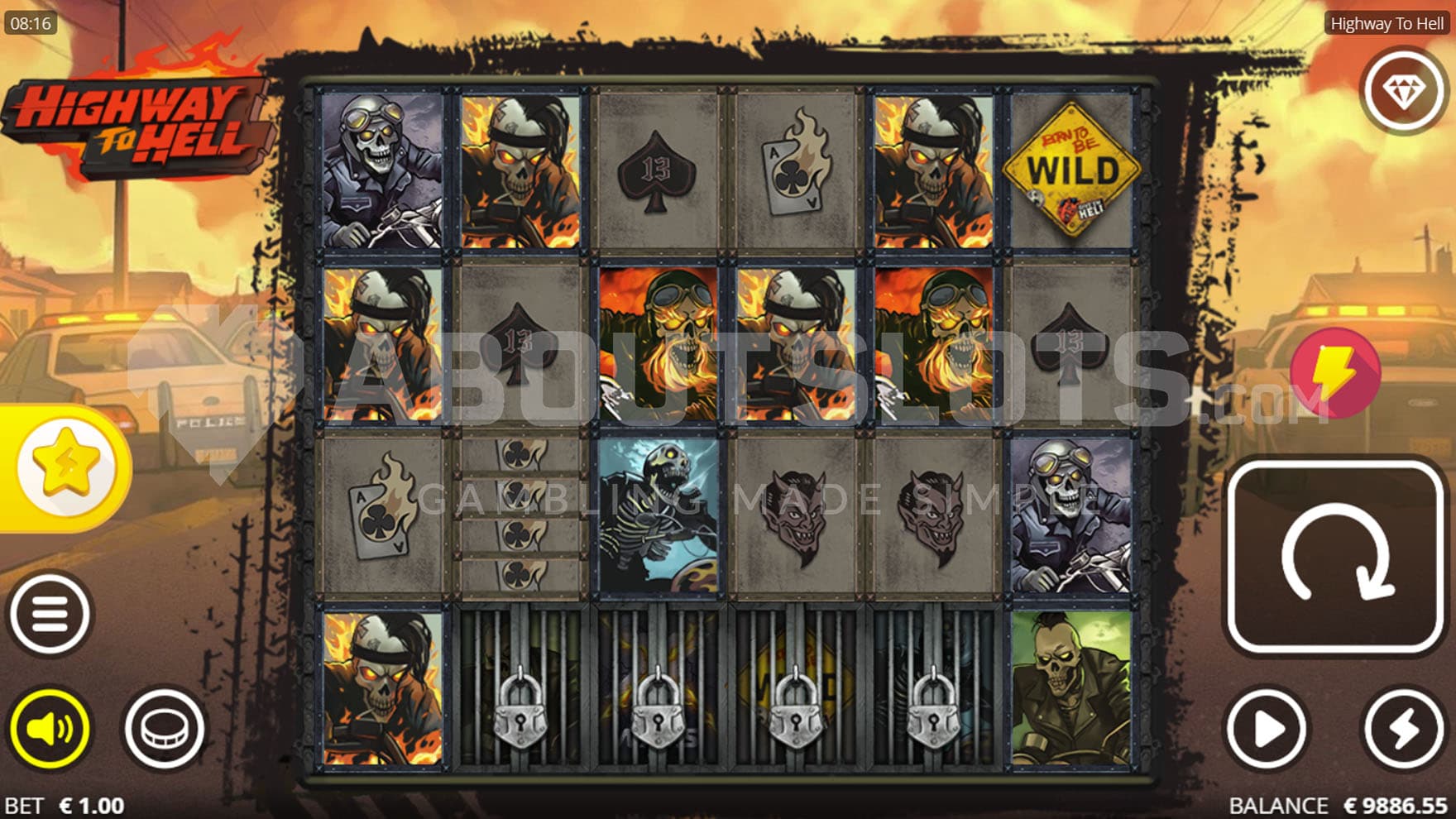 Base Game view of a 6x4 grid on a backdrop of a rural neighborhood with two police cars on the sides.