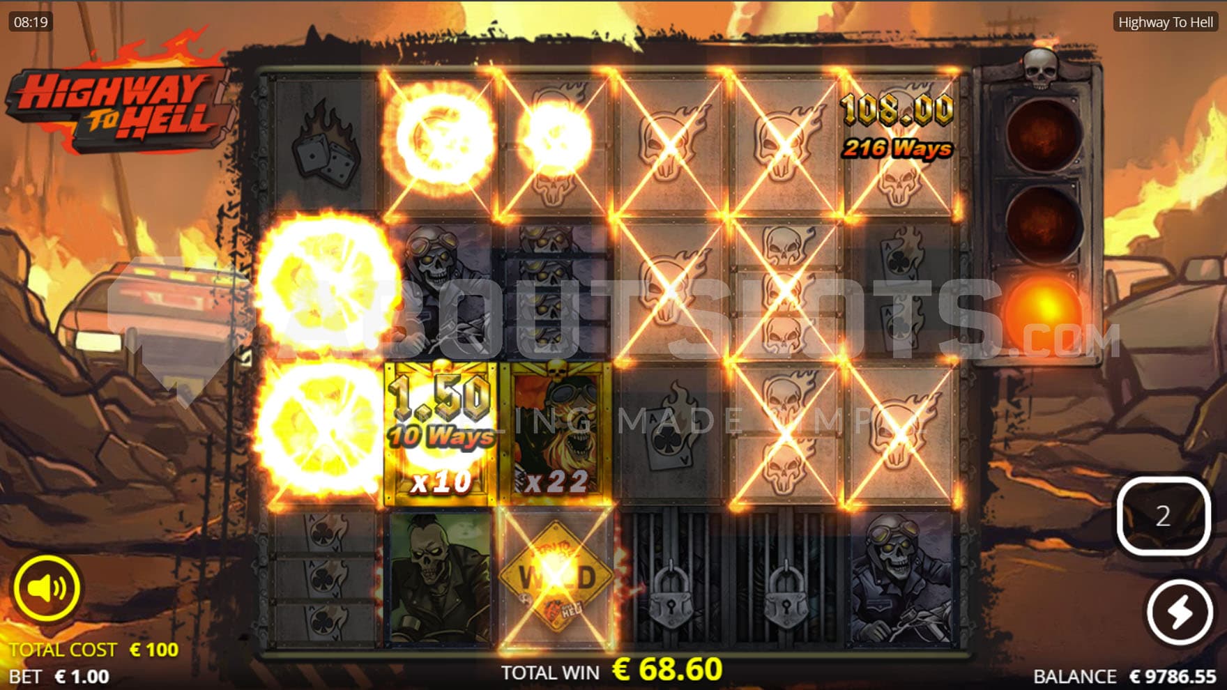 Hell Spins bonus in progress, showing two sticky Hellevator Boosters with x10 and x22 multipliers, and a high win on 216 ways on the grid.