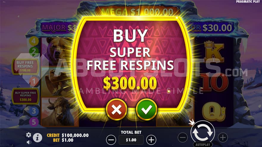 Bonus buy feature with an option to buy the super free respins for 300 times the bet.