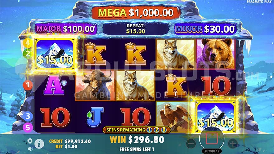 Free Respins feature being active with two money symbols on the reels.