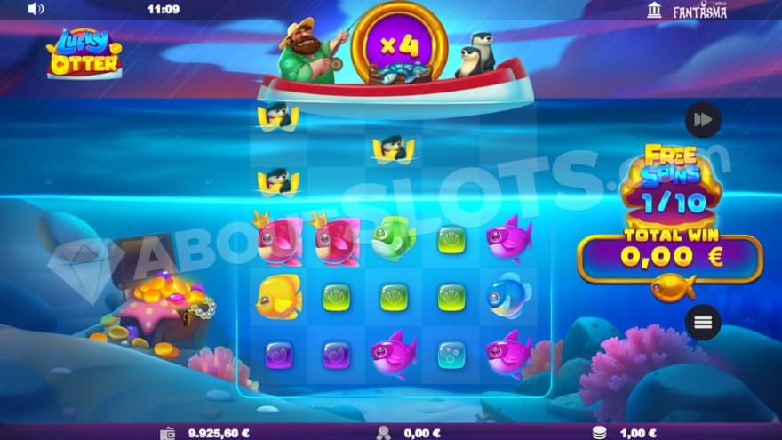 Free Spins feature with a 4X multiplier between the fisherman and two otters.