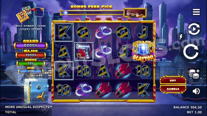 A casino slot at night time in a big city.