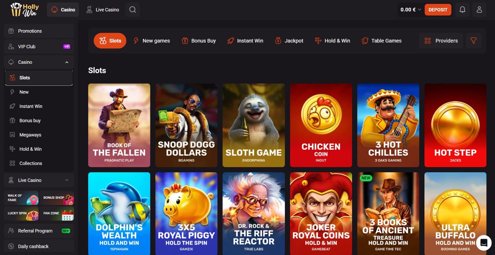 Hollywin Casino's games page featuring slot icons under general game tab categories with side menu