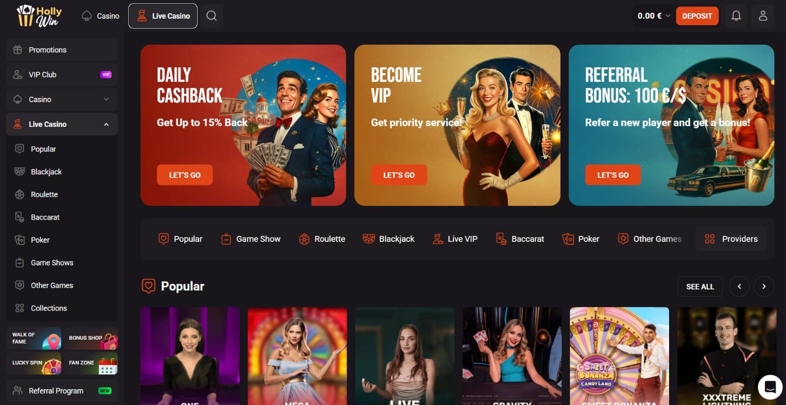 Hollywin Casino's landing page featuring top slider with available casino bonuses, VIP program, daily cashback, referral bonus, popular games section and side menu