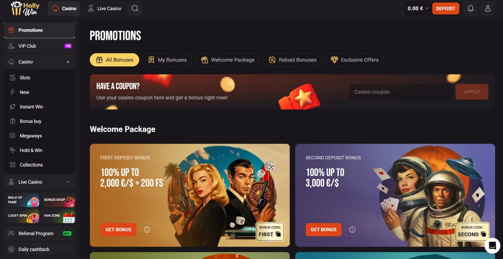 Hollywin Casino's promotions page featuring the welcome package, reload bonuses, cashback and other casino promotions with banner images