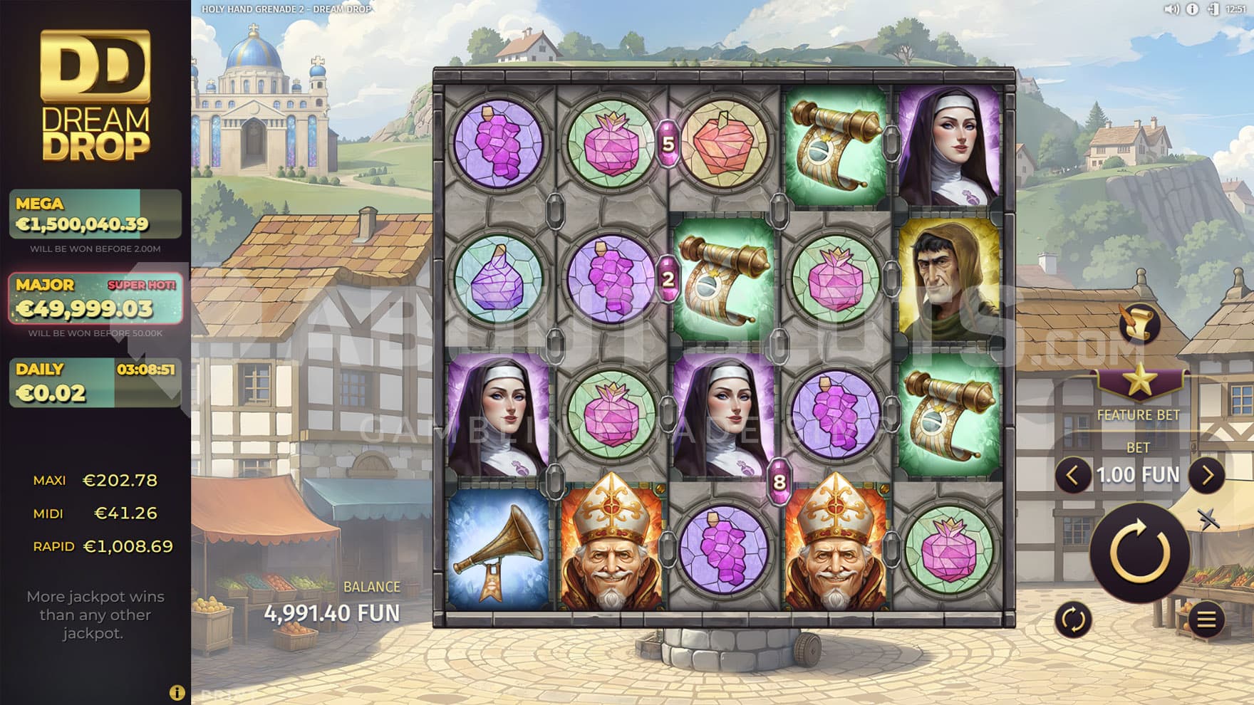 Base Game view of a 5x4 grid on a backdrop of a picturesque medieval town with a church raised on a green hill behind it.