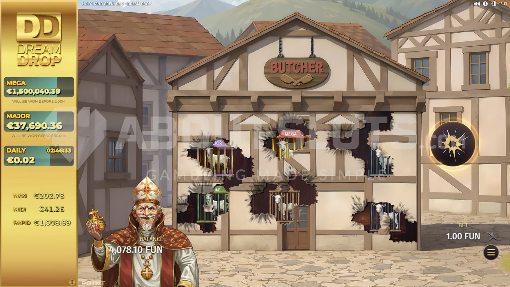 Dream Drop Goat feature in progress, showing goats in cages which are being revealed by grenades thrown by the bishop.