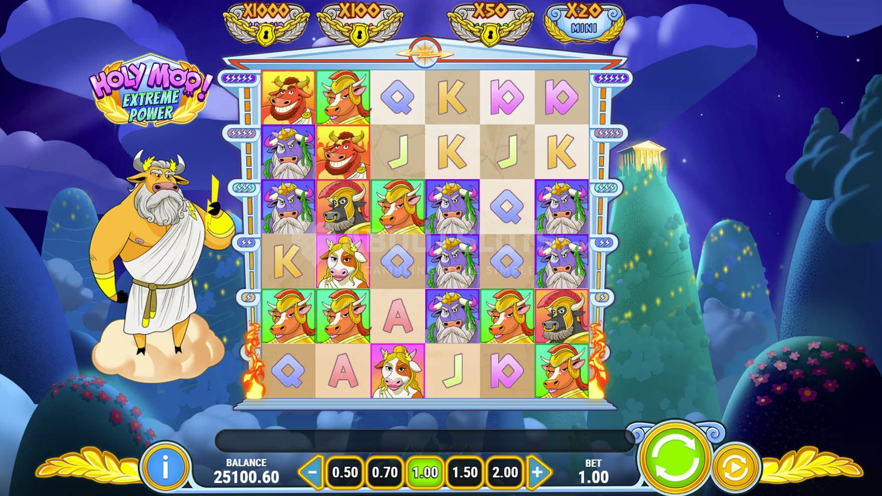 Base Game view of a 6x6 grid on a backdrop of a divine realm with Zeus in the form of a bull standing on the left.
