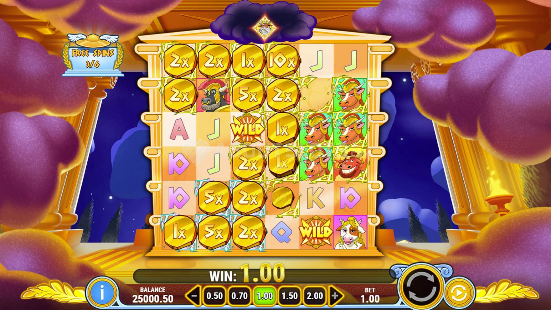 Free Spins showing multiple positions marked with frames transforming into coins with multipliers.