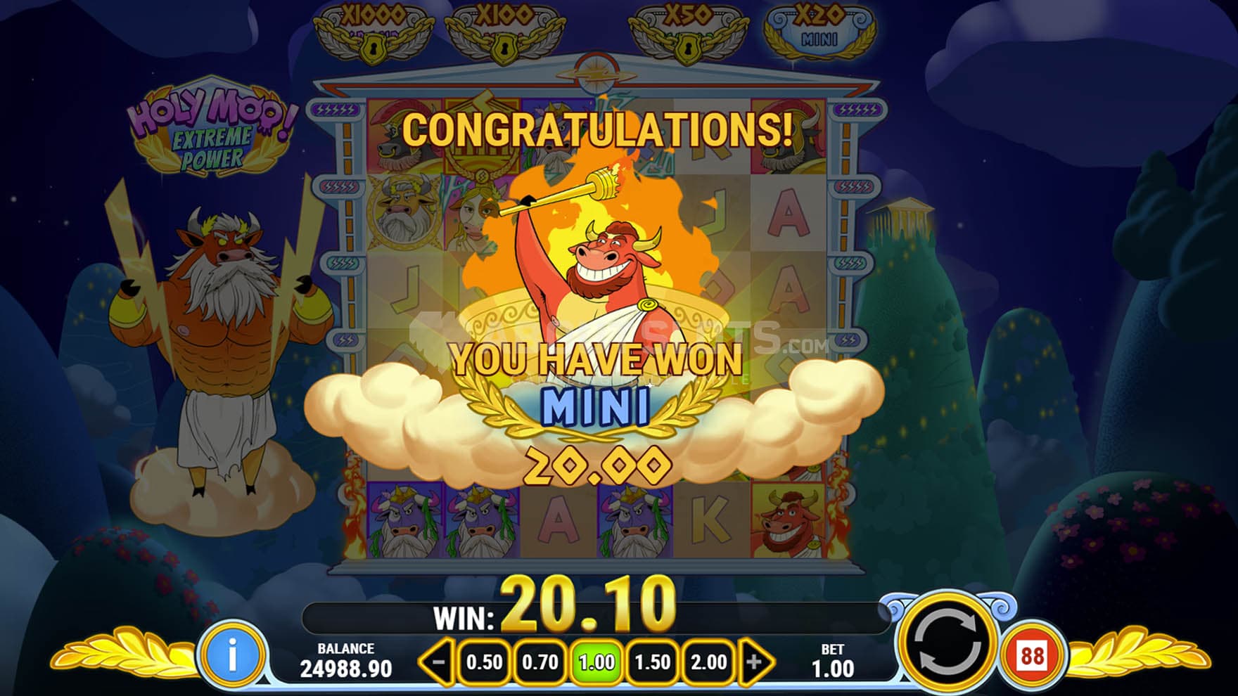 Moo-ighty Zeus feature triggered in the base game, awarding a Mini jackpot.