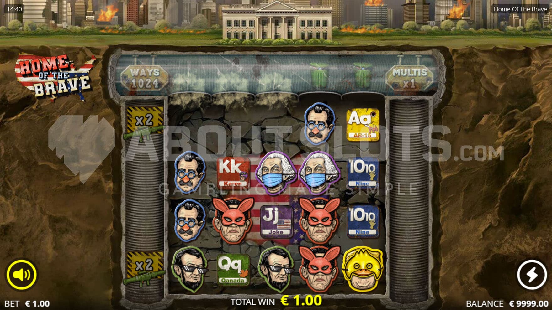 Base Game view of a 5x4 grid on a backdrop of a city on fire and an underground bunker.