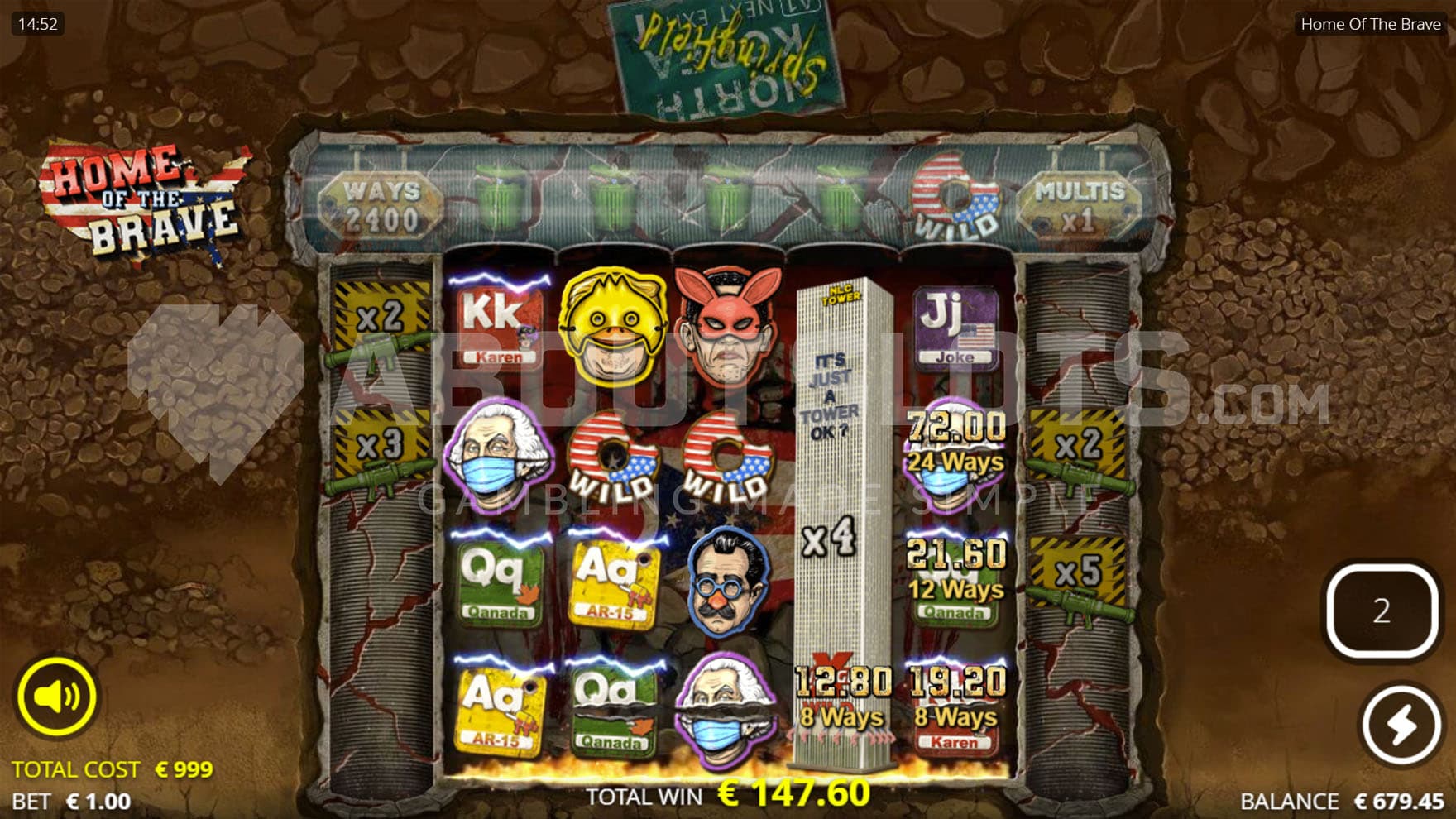 Dog Eating Spins bonus in progress with a win on multiple way and a stacked Wild with an x4 multiplier on reel 4.