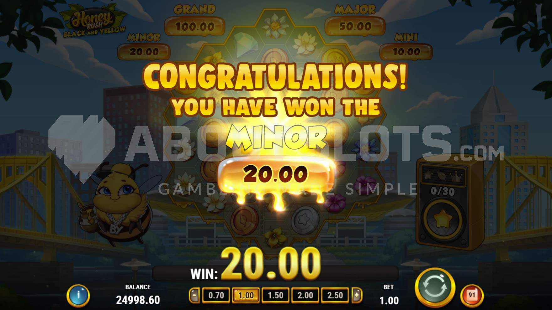 Bee Feature triggered, awarding a Mini bonus prize.