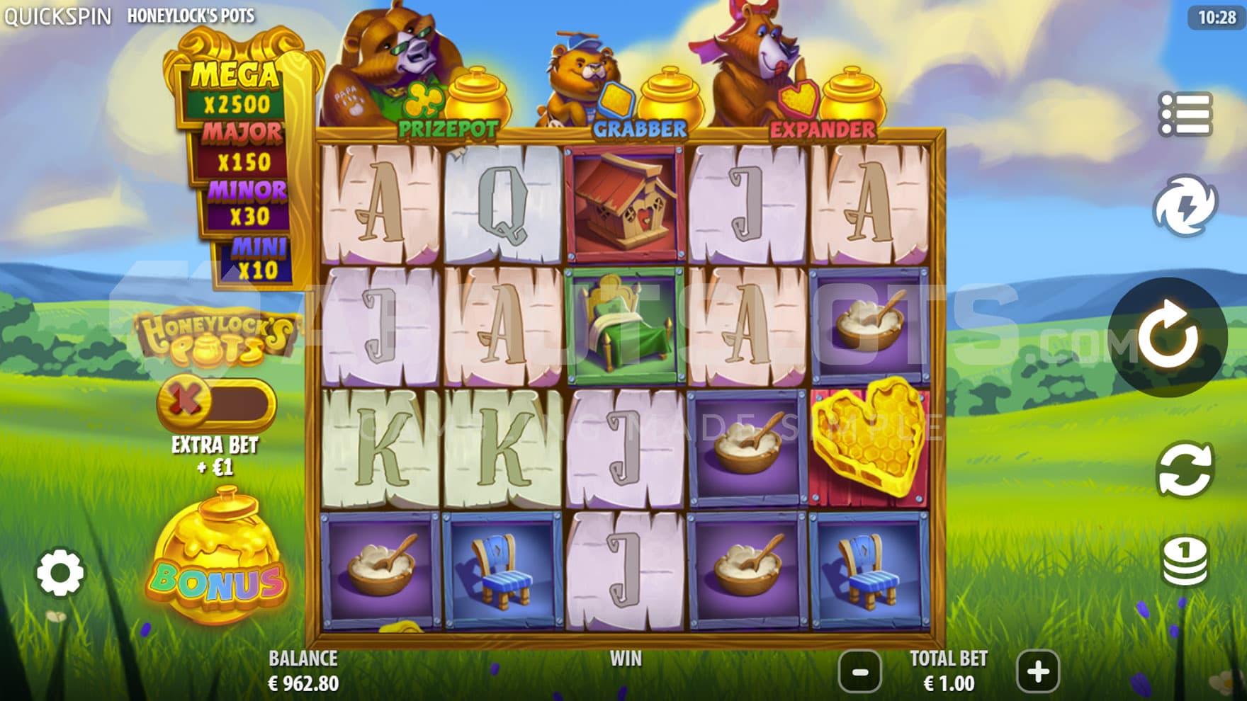 Base Game view of a 5x4 grid on a backdrop of a grassy meadow.