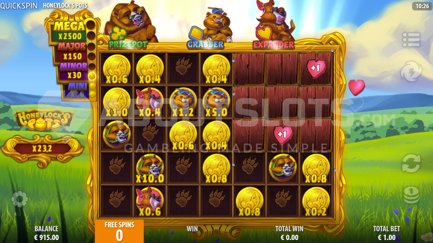 Bonus Game in progress, showing multiple cash prizes and special symbols locked on the grid.