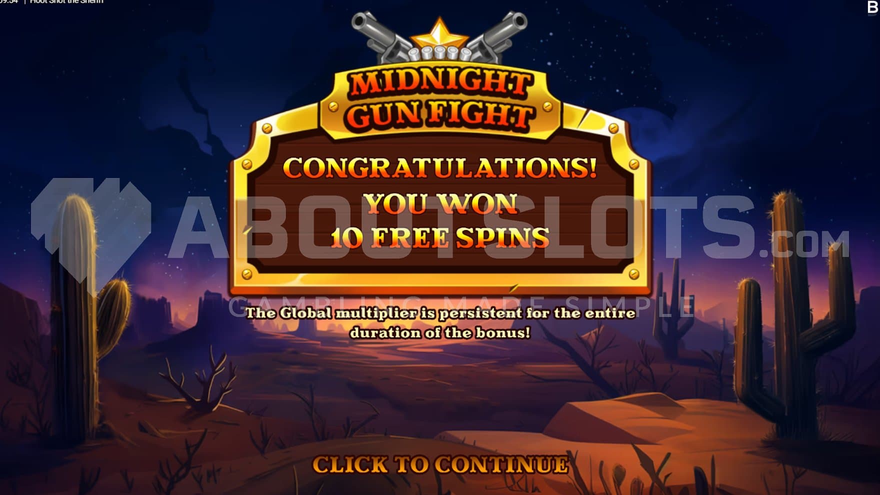 A screen congratulating the player of winning 10 Free Spins.