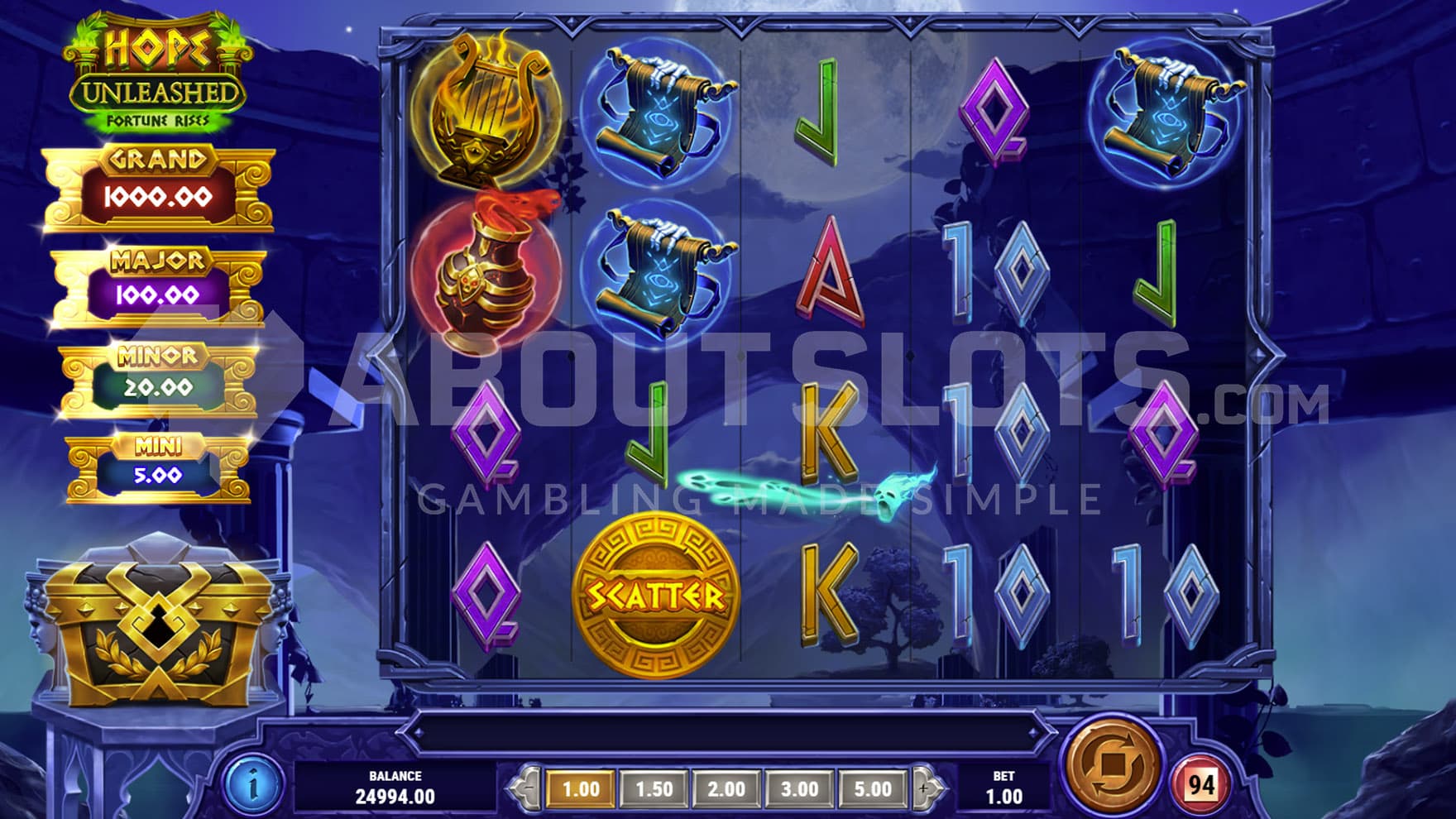 Base Game view of a 5x4 grid on a backdrop of an ancient structure.