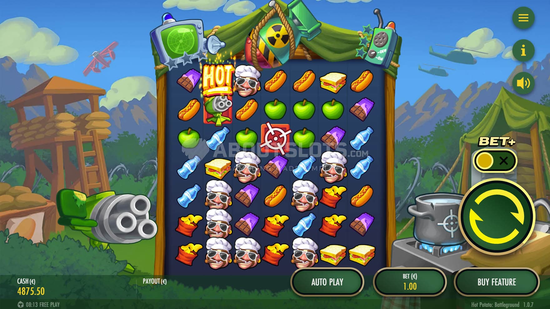 Screenshot of the base game, showing a 7x7 grid on a backdrop of a cartoony war checkpoint.