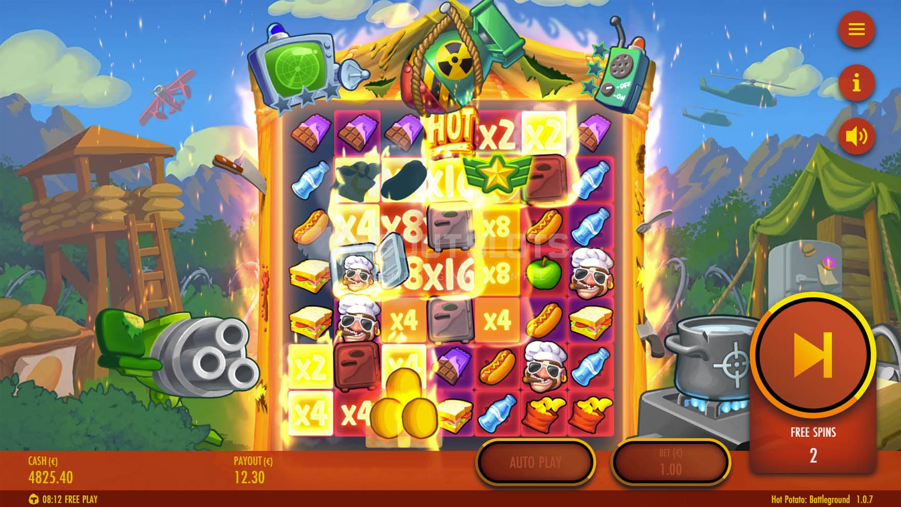 Screenshot of the Bonus Game in progress, with multiplie explosions triggered on the grid.