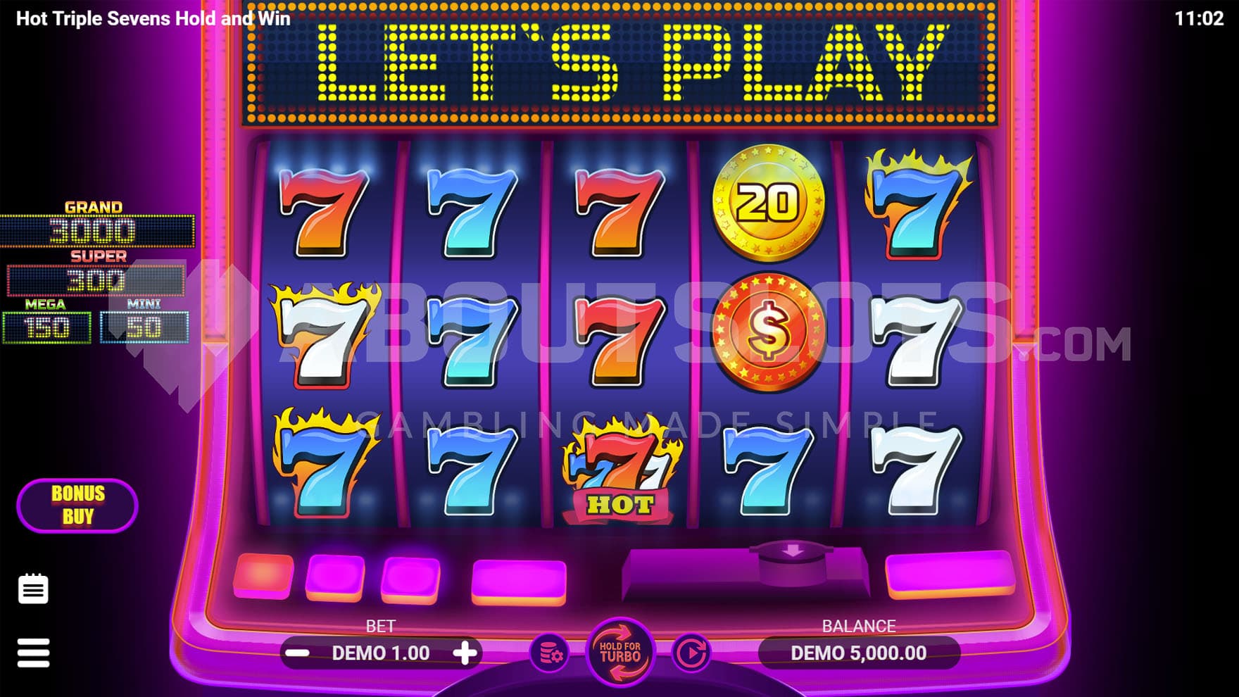 Base Game view of a 5x3 grid set in an imitation of a physical slot cabinet with a glowing pink neon frame.