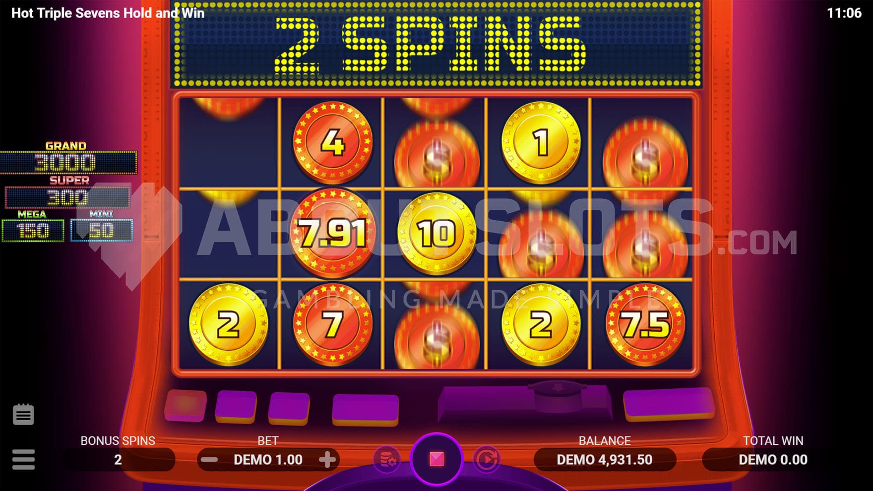 Bonus Game in progress, showing multiple cash prizes sticky on the grid.