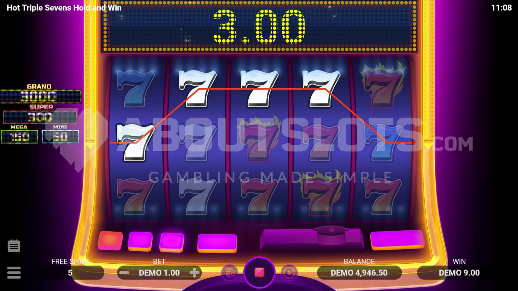 Free Spins bonus in progress, showing a payline win being multiplied by x3.