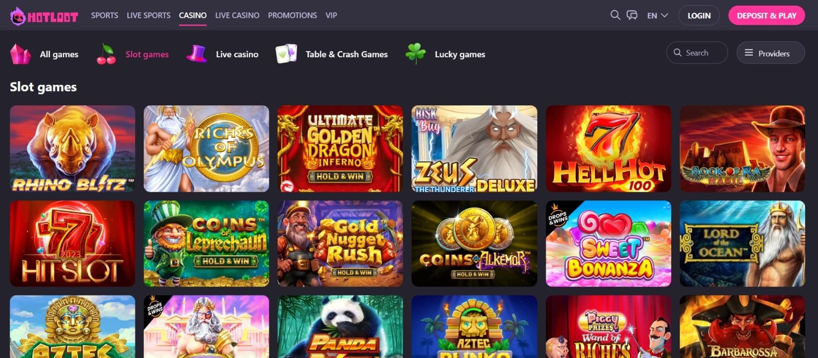 HotLoot Casino's gaming page with slot games, live casino and table game categories, displaying titles such as Coins of Leprechaun, Rhino Bliz and Sweet Bonanza